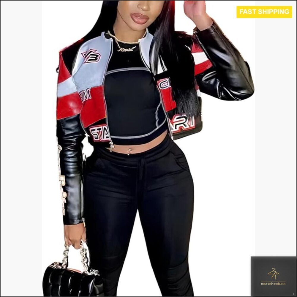 Faux Leather Moto Jacket Cropped Zipper Front Vintage Style Print